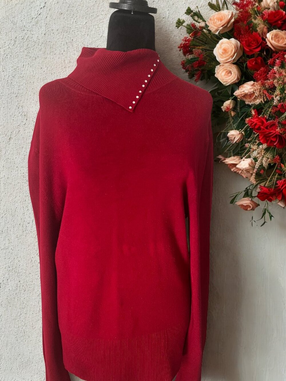 Red Rhinestone Trim Sweater